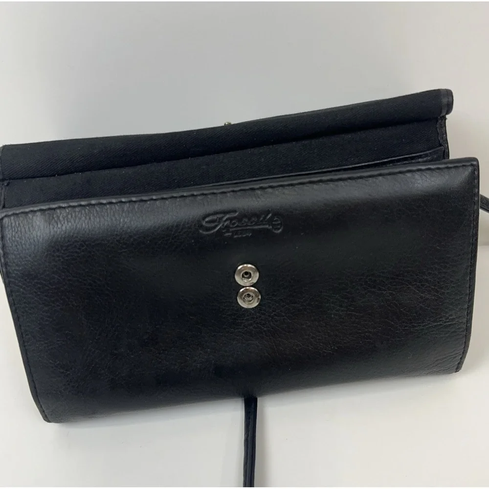 FOSSIL Leather Wallet Clutch Removable Crossbody Shoulder Strap‎ Organizer Black